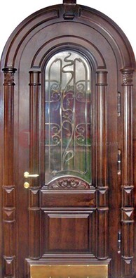 Арочная металлическая дверь массив со стеклом и ковкой ДА-50 в Дмитрове