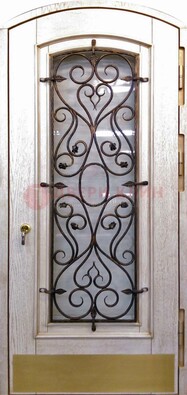 Железная дверь Винорит в форме арки со стеклом и ковкой ДА-53 в Дмитрове