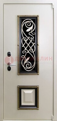 Белая стальная дверь с ковкой со стеклопакетом и МДФ ДК-30 в Дмитрове