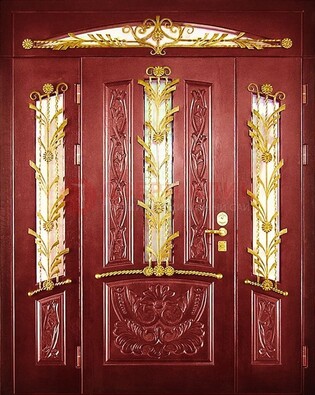 Бордовая железная парадная дверь со стеклом и ковкой ДПР-75 в Дмитрове