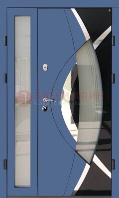 Синяя металлическая дверь со стеклом и узором ДС-13 в Дмитрове