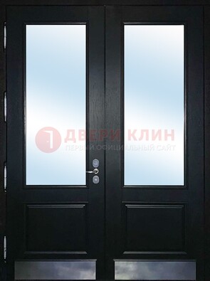 Черная двухстворчатая металлическая дверь со стеклом ДС-25 в Дмитрове