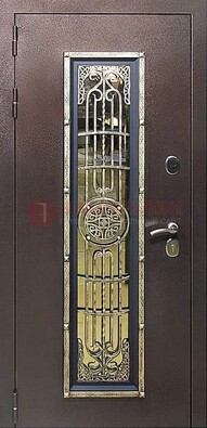 Железная дверь цвета медный антик со стеклом и ковкой ДСК-105 в Дмитрове