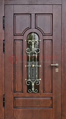 Cтальная дверь со стеклом и ковкой в коричневом цвете ДСК-119 в Дмитрове