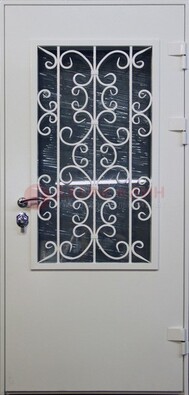 Простая железная дверь со стеклом и ковкой ДСК-11 в Дмитрове
