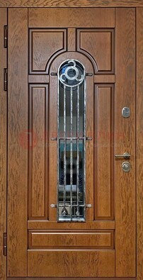 Коричневая стальная дверь со стеклом и ковкой для кирпичного дома ДСК-146 в Ступино