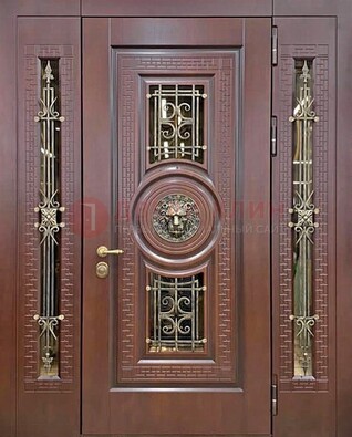 Коричневая стальная дверь со стеклом и ковкой ДСК-147 с фрамугами в Дмитрове