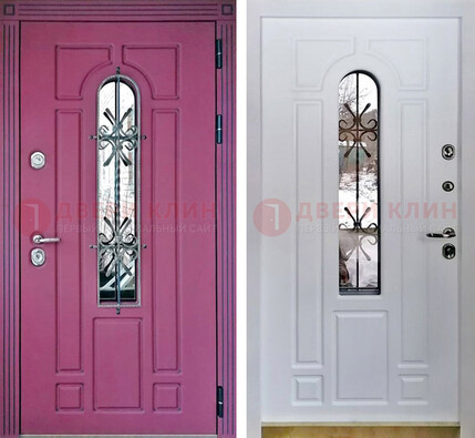 Розовая металлическая дверь со стеклом и ковкой ДСК-151 в Дмитрове