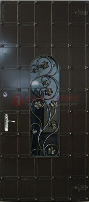 Высокая железная дверь со стеклом и ковкой ДСК-15 в Дмитрове