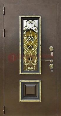 Входная дверь порошок со стеклом и ковкой для коттеджа ДСК-166 в Дмитрове