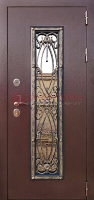 Коричневая стальная дверь порошок со стеклом и ковкой для дома ДСК-169 в Дмитрове