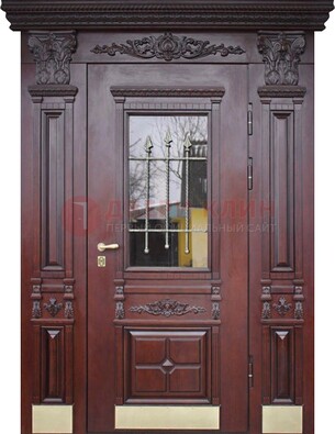 Железная парадная дверь массив дуба со стеклом и ковкой ДСК-175 в Дмитрове