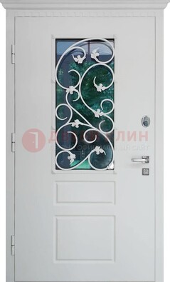 Белая металлическая дверь винорит со стеклом и ковкой ДСК-184 в Ступино