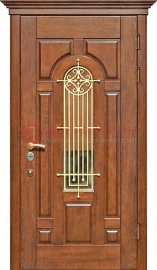 Коричневая железная дверь винорит со стеклом и ковкой ДСК-189 в Дмитрове