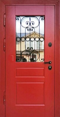 Красная железная дверь Винорит со стеклом и ковкой ДСК-205 в Дмитрове