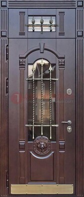Металлическая дверь массив со стеклом и ковкой с фрамугой ДСК-249 в Дмитрове