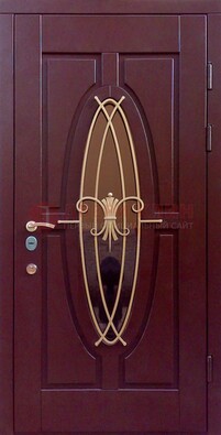 Бордовая стальная дверь Винорит со стеклом и ковкой ДСК-263 в Дмитрове