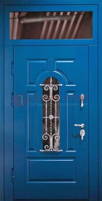Синяя железная филенчатая дверь со стеклом и ковкой ДСК-97 в Дмитрове