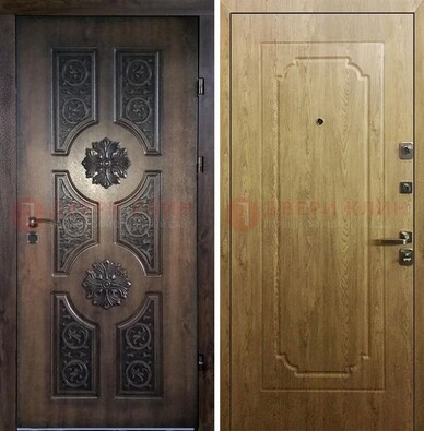 Железная коричневая дверь с виноритом и Золотой дуб внутри ДВТ-101 в Дмитрове
