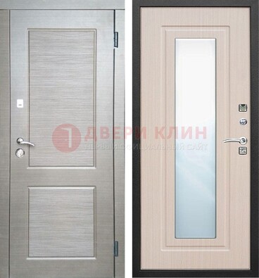Светлая металлическая филенчатая дверь и МДФ Белый дуб с зеркалом ДЗ-104 в Дмитрове