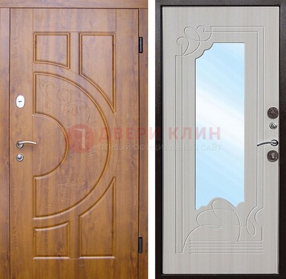 Коричневая металлическая дверь c МДФ с узором и зеркалом ДЗ-105 в Дмитрове