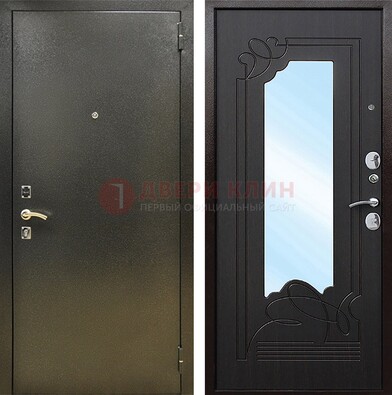Железная темная дверь c порошковым напылением и МДФ с узором и зеркалом ДЗ-111 в Дмитрове