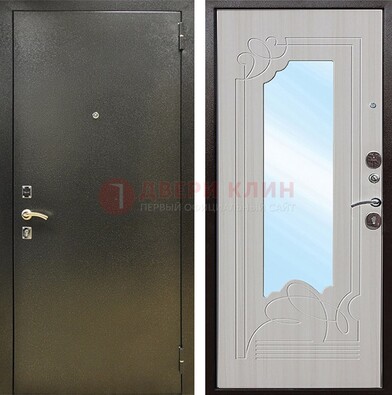Входная темно-серая дверь c порошковым покрытием и МДФ с резьбой и зеркалом ДЗ-113 в Дмитрове