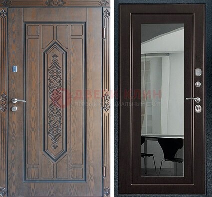 Уличная коричневая дверь c виноритом и МДФ Венге с зеркалом ДЗ-116 в Дмитрове