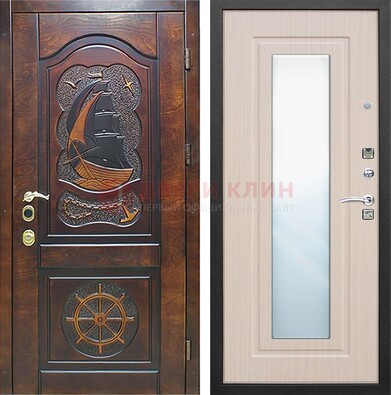 Темная дверь с резьбой и зеркалом внутри ДЗ-49 в Дмитрове