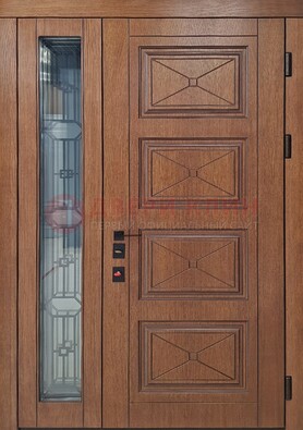Современная полуторная стальная дверь Винорит со стеклом и ковкой ПЛ-27 в Дмитрове