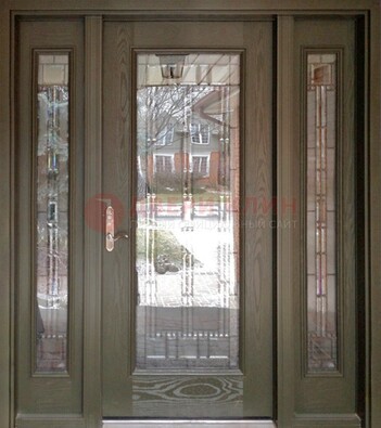 Коричневая стальная дверь с массивом дуба с витражом ВЖ-16 в Дмитрове